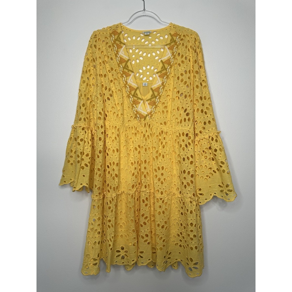 Sundance Yuki Eyelet Dress Size M Yellow Lined Embroidered Cotton